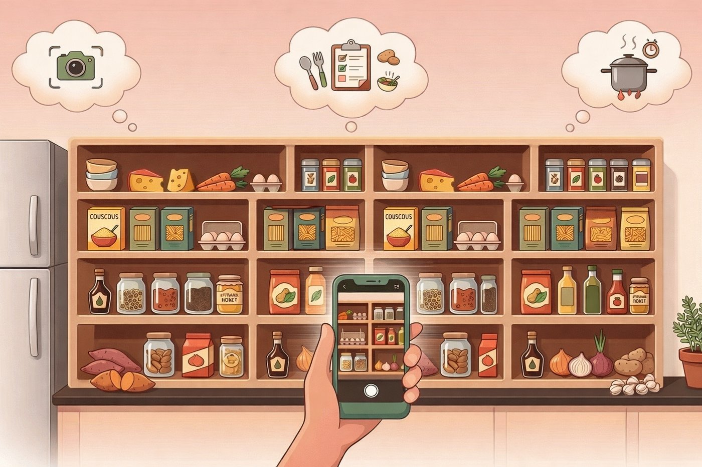 Warm illustrated kitchen with stocked shelves and a hand holding a phone scanning the pantry