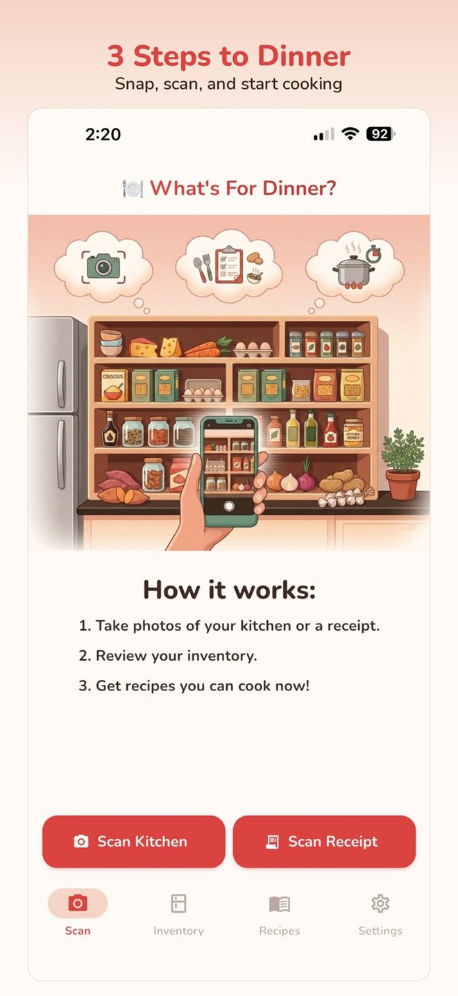 Phone showing the 3-steps-to-dinner home screen