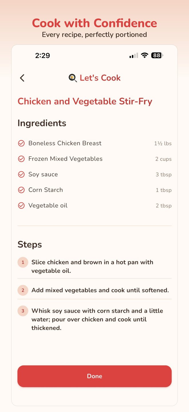 Phone showing a recipe detail screen with ingredients and steps