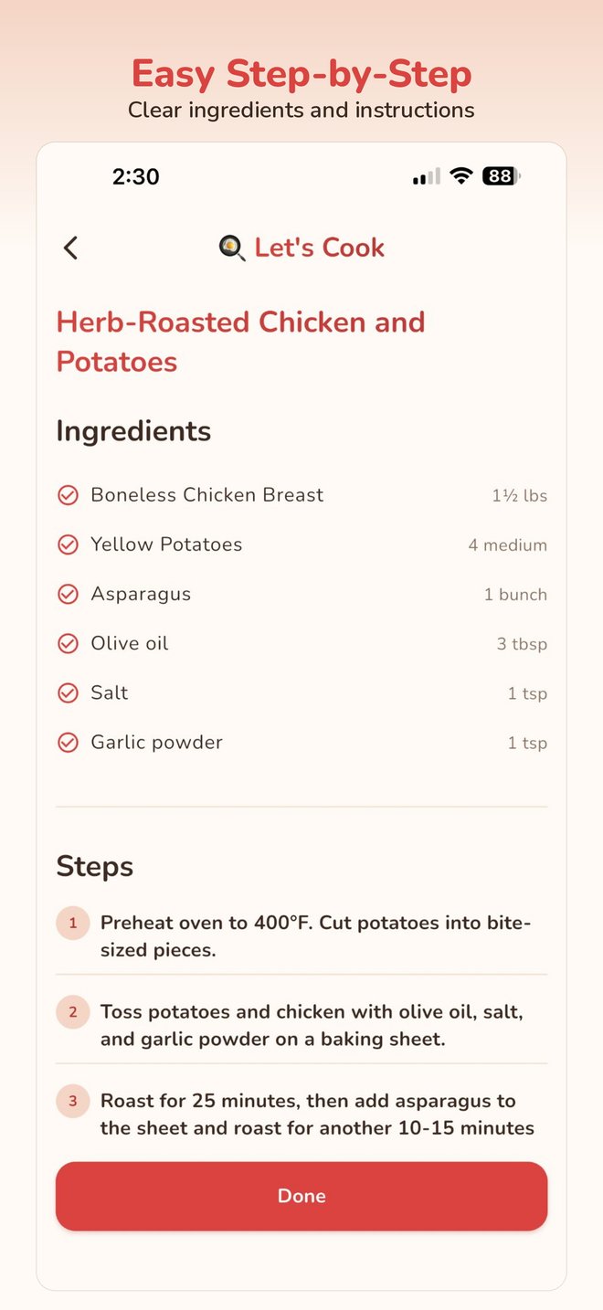 Easy Step-by-Step recipe screen