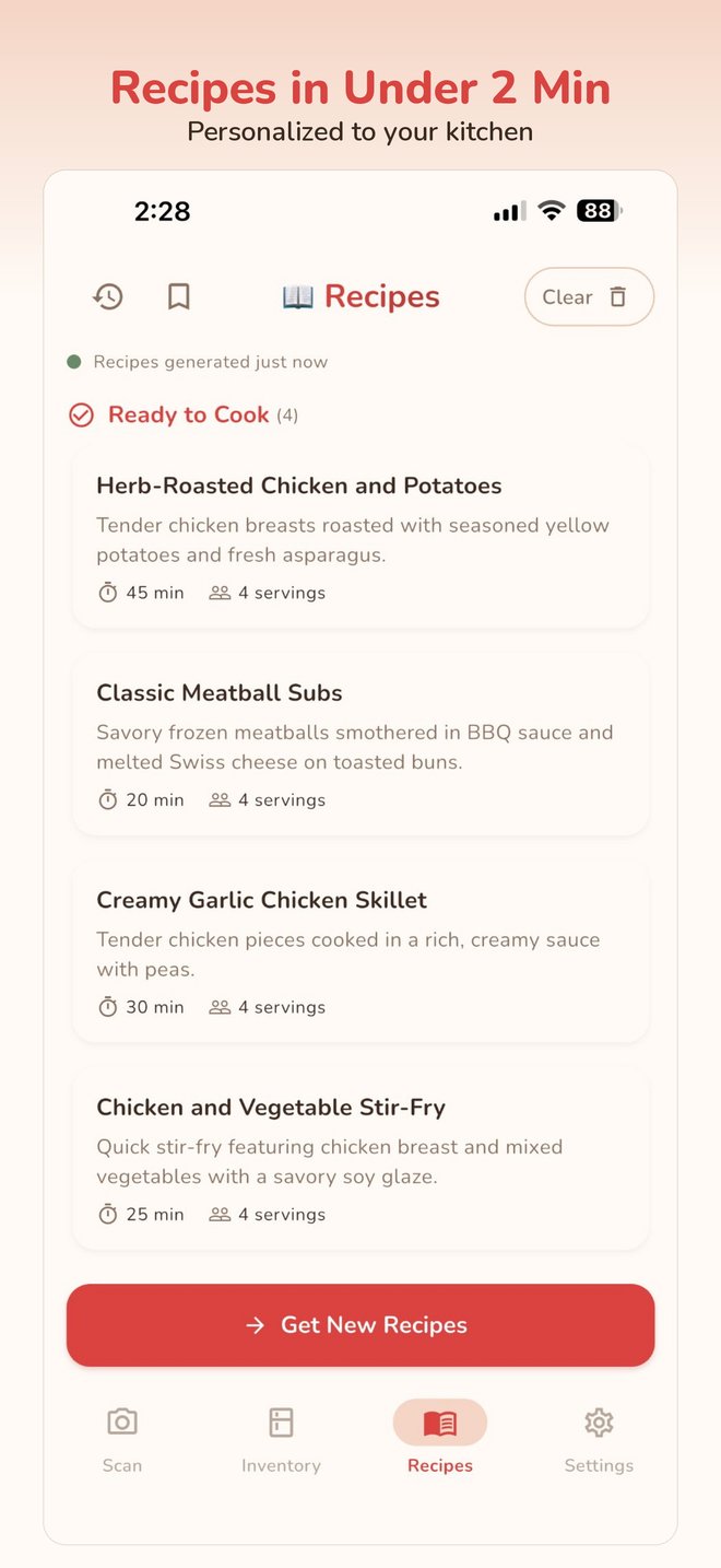 Phone showing recipes generated from kitchen ingredients